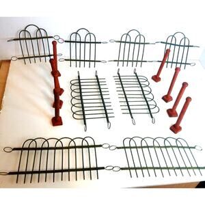 Vintage Metal & Wood Christmas Tree Fence 16pc Green & Red Painted Set